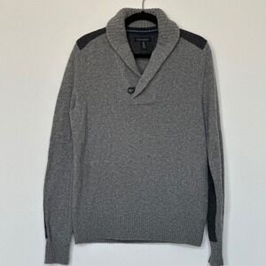 Banana Republic 100% Merino Wool Shawl Collar Sweater Gray Elbow Patches Men's M